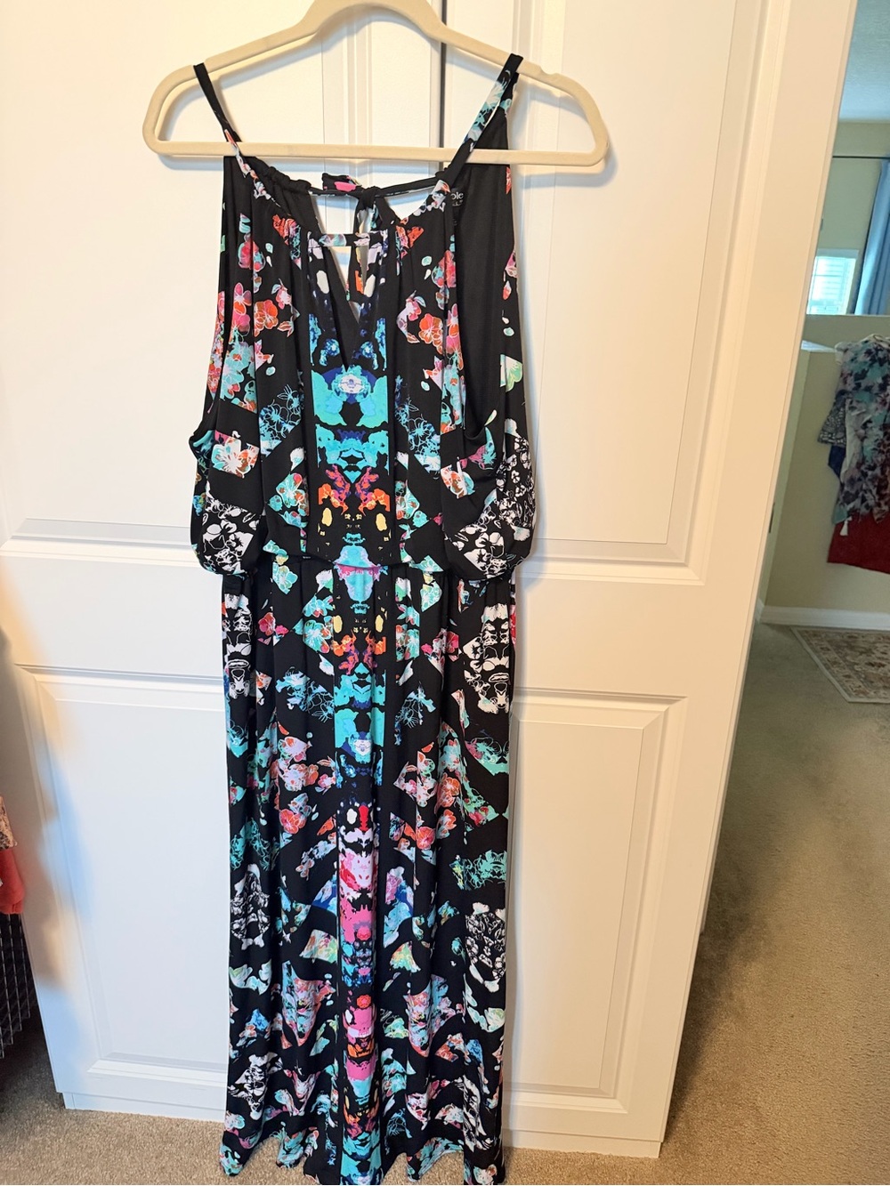 Nicole by Nicole Miller Black Floral & Turquoise Cold-Shoulder Maxi Dress